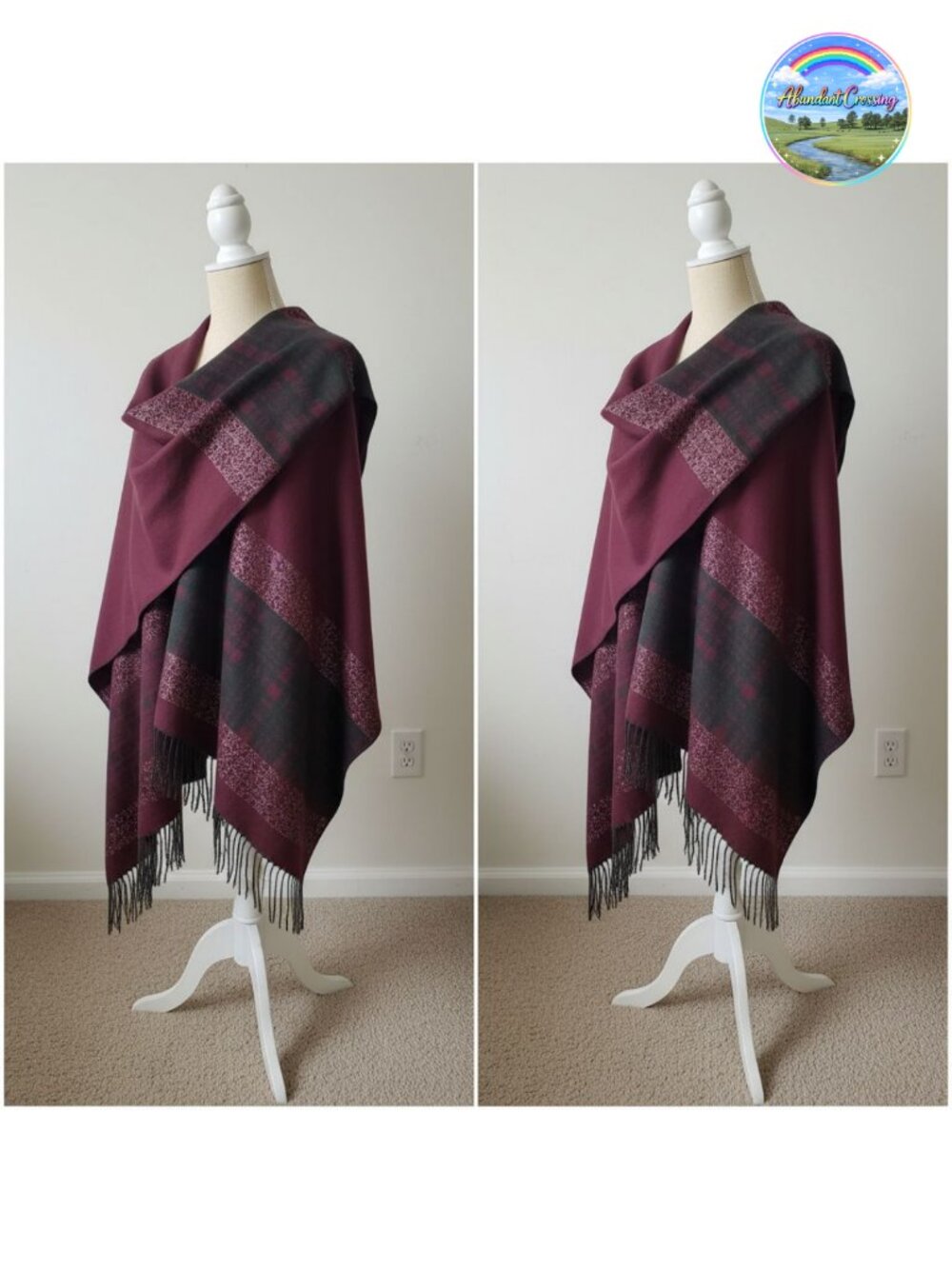Reversible Poncho Shawl Wrap Women Soft Acrylic Blend Open Front Cape